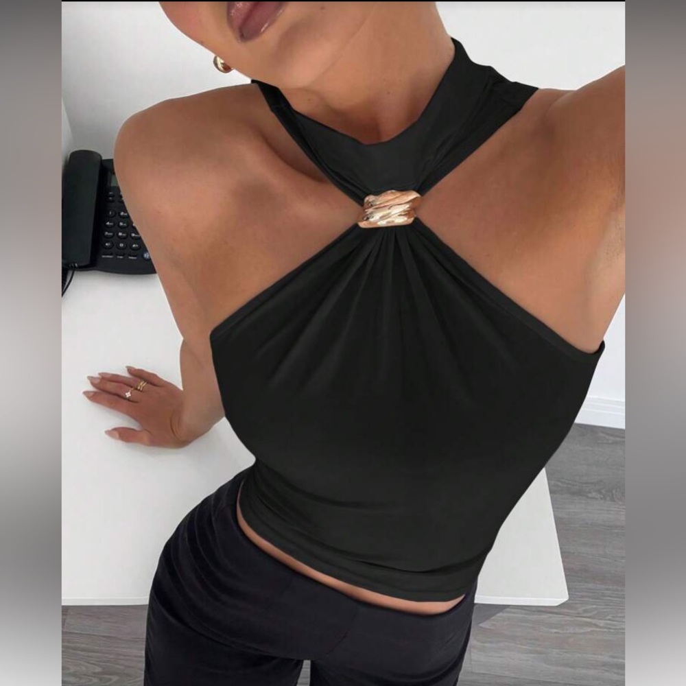 Women’s  Black Halter Neck Twist-Detail Top